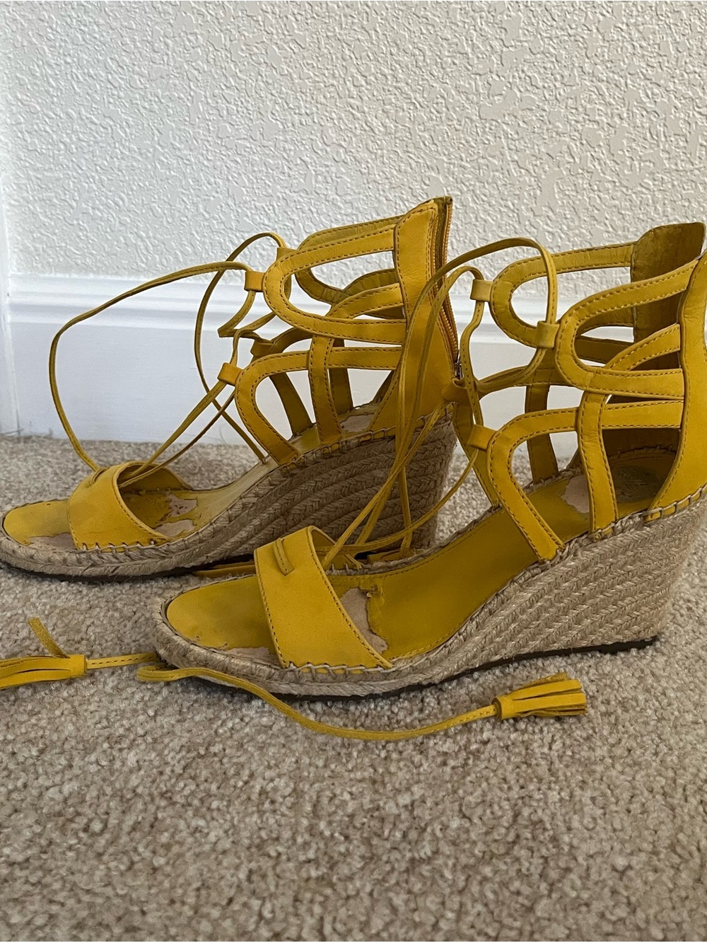 Yellow Lace-Up Espadrille Wedge Sandals - Women